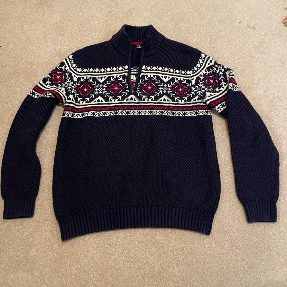 Izod Navy Fair Isle Half-Zip Sweater with Cream and Red Accents